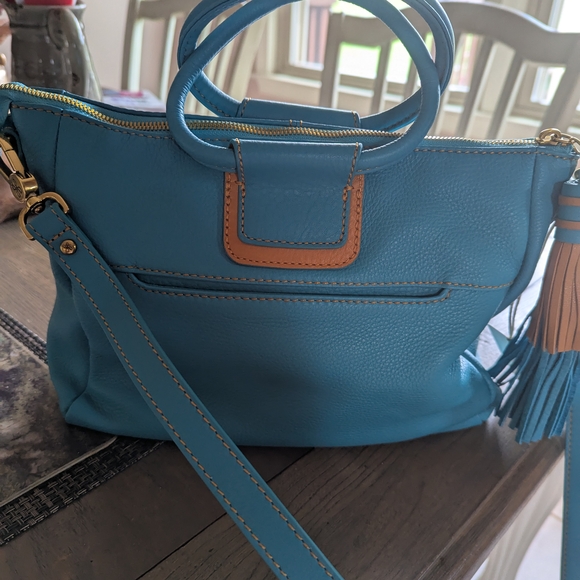 HOBO Handbags - HOBO Blue and Brown Crossbody Bag with Leather Accents